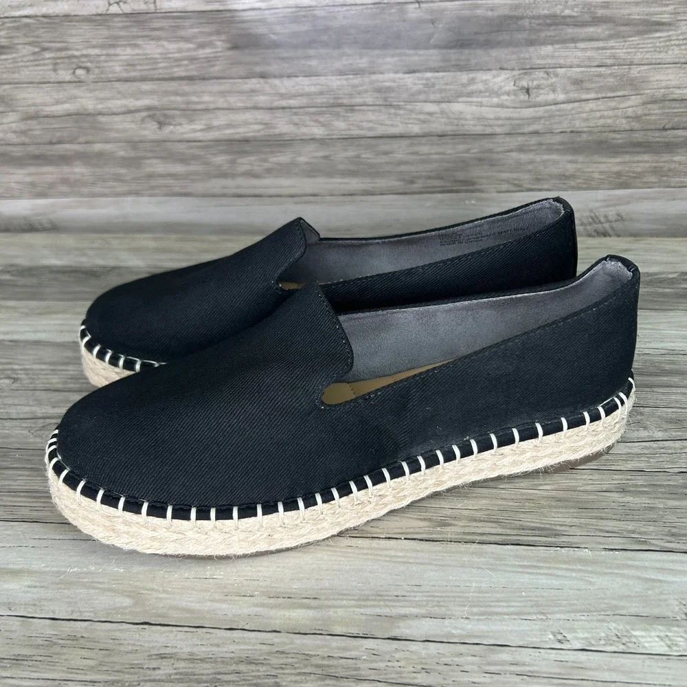 Joie Espadrille Flats 8 Platform Slip On Black Canvas Boho Coastal Chic‎ Beach